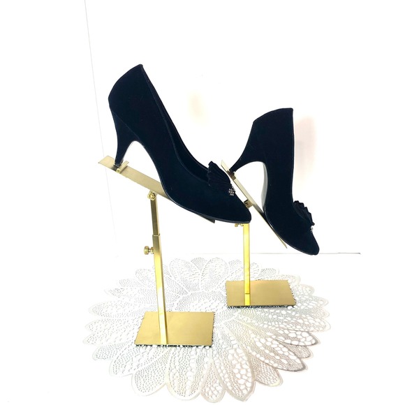 Vintage Tavoy Blk Velvet Rhinestone Pleated Fan Pointed Toe Stiletto Pumps Heel - Picture 4 of 10